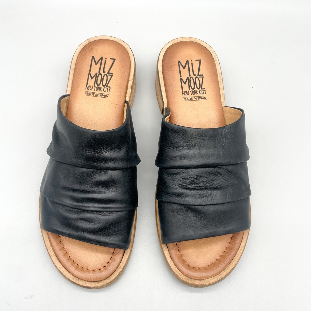 Miz Mooz Womens 38 Mali Slide Sandals Black Leather Ruched Block Heel Boho Chic